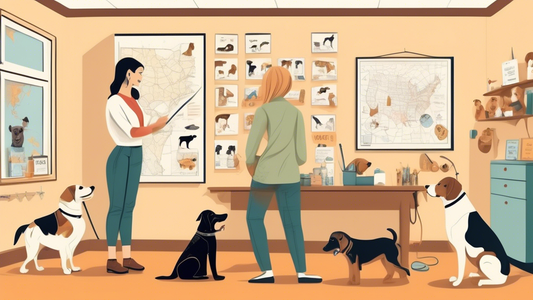 Create an illustration of a friendly, professional canine behaviorist working with a variety of dog breeds in a well-equipped, cozy consultation room. Include elements such as training tools, dog beha