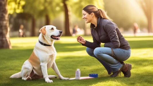 Create an image of a friendly, experienced dog trainer kneeling and giving commands to an attentive dog in a peaceful outdoor setting, such as a park. The scene should include signs indicating Dog Tra