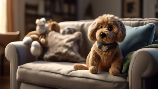 Create a hyper-realistic image of an ultra-realistic stuffed dog sitting on a cozy living room sofa. The dog's fur should look incredibly lifelike, with detailed textures and shading, making it nearly