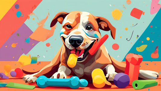 Create an image of a happy, muscular dog chewing on a colorful and durable Bullymake toy in a playful setting, with other indestructible dog toys scattered around. Emphasize the strength of the toy by