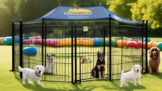Create a detailed image featuring various exercise pens for dogs displayed in a park setting. Showcase different sizes, materials, and designs of the pens, with a variety of happy, playful dogs inside