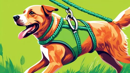 Create an image of a happy, energetic dog wearing a high-quality rope harness, running on a lush green field. The harness should be colorful, comfortable, and well-fitted, highlighting its features. I