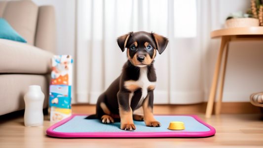 An adorable young puppy sitting on a clean, colorful potty mat with training pads nearby, looking happy and attentive in a cozy, well-lit living room. The scene includes pet toys, a bowl of treats, an