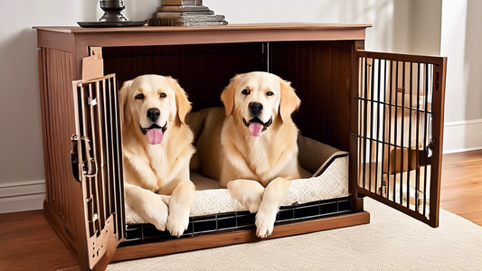 Create an image showcasing various extra-large dog crates with dividers, each beautifully displayed in a cozy home setting. Include different dog breeds comfortably resting in the crates, with the div