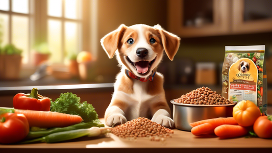 Create an image of a happy, healthy puppy sitting next to a bowl of wholesome, nutritious dog food. The setting is a cozy kitchen with sunlight streaming in through a window, highlighting fresh vegeta