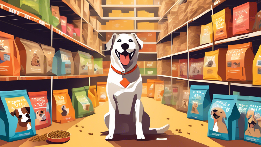 Create an image of a cheerful pet store worker in a well-organized warehouse, surrounded by large stacks of wholesale dog food bags. The worker is interacting happily with several different dog breeds
