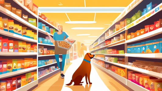 An illustration of a cheerful pet owner standing in a brightly lit pet food aisle, comparing two bags of dog food with labels highlighting ingredient lists and nutritional information. The shelves beh