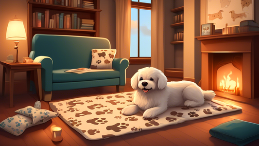 Create an image of a cozy living room with a fluffy dog comfortably lying on a personalized blanket. The blanket features the dog's name and a playful pattern of dog bones and paws. The background inc