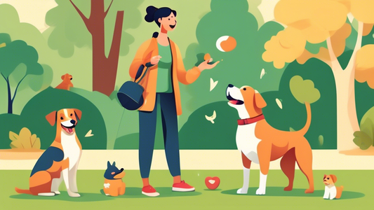 Create an image of a cheerful dog training session in a picturesque park. The trainer, a kind-looking person, is using positive reinforcement techniques such as treats and praise, while training a hap
