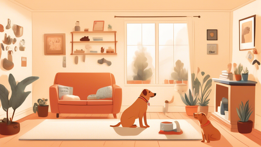 A detailed illustration showing a calm and cozy living room where an adult dog is being house trained. The scene includes a positive reinforcement approach with treats, a clicker, and a dog trainer gi