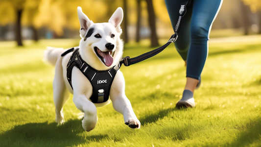 Create an image of a happy, energetic dog wearing an IDC Powerharness, playing in a park with its owner. Highlight the harness's ergonomic design, secure fit, and visible components like the handle an