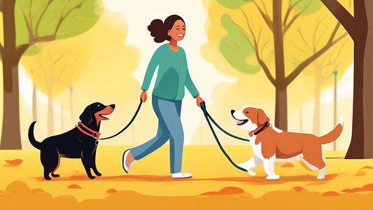 Create an image of a happy dog owner using a double-ended dog leash to walk two well-behaved dogs in a bright, park setting. The leash should clearly show its double-ended feature, with one end attach