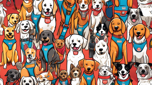 Create a vibrant and detailed illustration of a diverse selection of dog rescue harnesses displayed on various dog breeds, set against a backdrop of a pet store aisle. Each harness is uniquely designe
