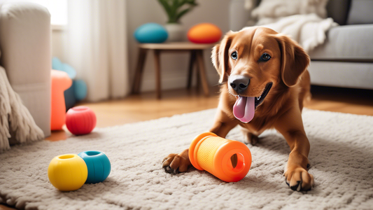 Create an image of a playful, strong-looking dog joyfully chewing on a durable, brightly colored toy in a spacious, pet-friendly living room. Ensure the toy appears rugged and suitable for strong chew