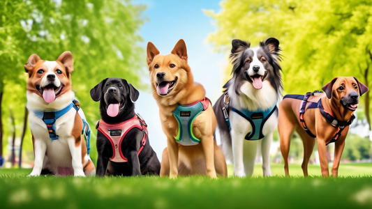 A diverse group of dogs showcasing different types of no-pull harnesses while happily walking with their owners in a park setting. The dogs include various breeds and sizes, with close-ups detailing t