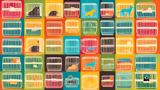 Create an image showing a variety of dog crates in different styles, sizes, and materials, each with price tags indicating affordability. The background should be a bright, welcoming pet store with ch