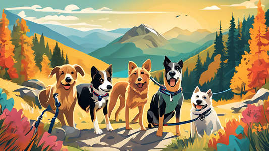 Create an image of various high-quality outdoor dog leashes with different features like retractable, hands-free, and durable hiking leashes, all displayed in a scenic outdoor setting with mountains,