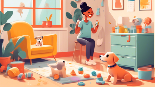 A heartwarming scene featuring a puppy next to a small indoor dog potty, with a joyful pet owner holding a treat in one hand and giving a thumbs up with the other. The room is cozy with dog toys scatt