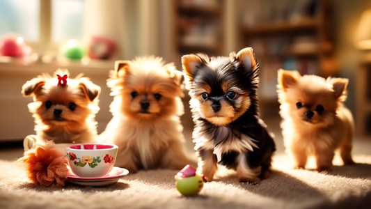 Create a heartwarming scene of several teacup puppies of various breeds (Yorkshire Terrier, Pomeranian, Chihuahua) playing in an inviting, sunlit room. The puppies should be tiny, adorable, and full o