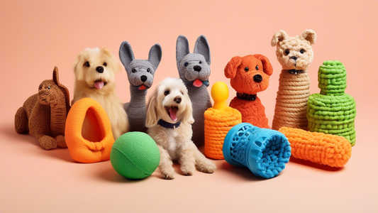 Create a vibrant and playful image of various chew toys designed for different types of pets, such as dogs, cats, and rabbits. Illustrate a range of textures, shapes, and colors, showcasing toys made