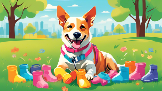 Create an image of a cheerful dog wearing colorful disposable booties on a sunny day in a park. The dog’s owner, holding a leash, stands nearby with a content smile. The background should feature gree