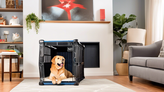 Create an image of a spacious and well-constructed Kong XXL Dog Crate placed in a cozy, well-lit living room setting. Inside the crate, a large, content dog is resting comfortably on a plush bed with