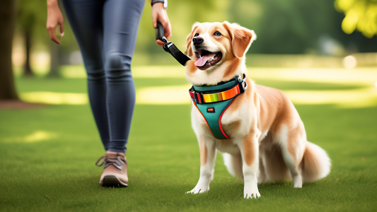 Create an image of a happy dog wearing a vibrant, colorful collar attached to a stylish, durable EzyDog lead. The scene is set in a picturesque park with green grass and trees, where a smiling pet own