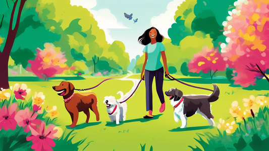 Create an illustration of a happy dog owner walking two cheerful dogs in a lush, green park using a double dog lead. The lead is designed to ensure both dogs have ample space to move while remaining c
