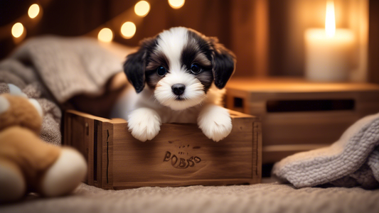 Create an adorable and heartwarming image of a small puppy inside a well-furnished and cozy crate. The scene should show a variety of calming elements such as a soft blanket, a snuggly plush toy, and