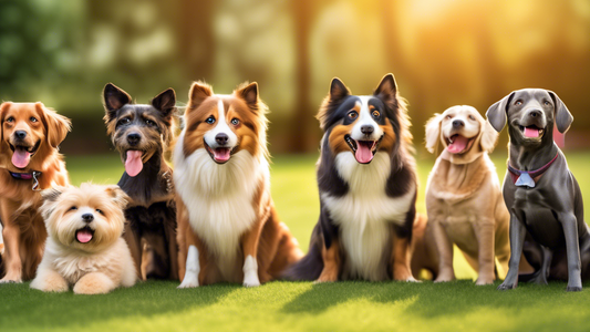 Create an image showing a group of happy, well-behaved dogs of various breeds participating in a structured training session in a bright, welcoming outdoor facility. Include a professional trainer gui