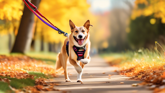 An energetic and happy dog walking comfortably on a sunny, tree-lined path while wearing a colorful, well-fitted Freedom No Pull Harness. The dog's tail is wagging, and a content owner is smiling, ind