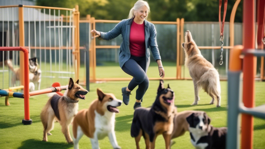 Create an image depicting a professional dog trainer working with various breeds of dogs in a well-equipped training facility. The scene should include agility equipment, obedience training tools, and
