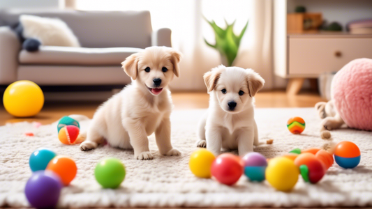 A bright and cheerful scene featuring a variety of puppies playing with a selection of affordable, colorful toys. The setting is a cozy and well-kept living room with a soft rug. The puppies are joyfu