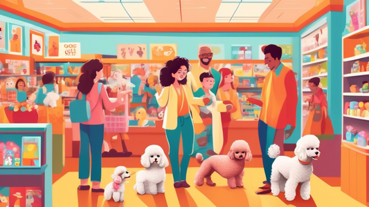 Create an illustration showcasing an adorable toy poodle surrounded by several joyful families and individuals in a vibrant, well-stocked pet store. The pet store should have a cozy, welcoming atmosph
