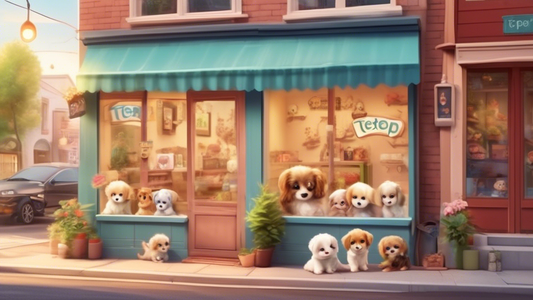 A cozy, charming neighborhood setting with a small pet shop featuring an inviting window display. Inside the pet shop, there are adorable teacup puppies of various breeds playing and resting comfortab