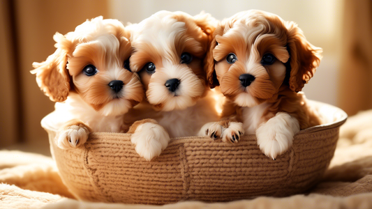 Create an image of three adorable teacup Cavapoo puppies playing together in a cozy, sunlit room. The puppies should have soft, curly fur in shades of caramel and cream, with big, expressive eyes and