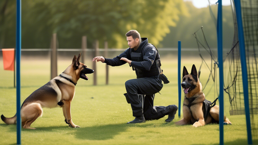 A high-resolution, realistic image of a professional dog trainer working with a well-trained protection dog, such as a German Shepherd or Belgian Malinois. The scene shows the trainer giving commands