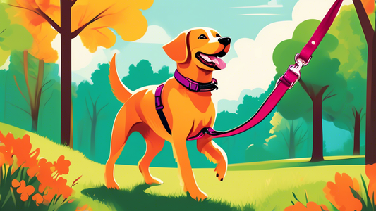 Create an image of a happy dog wearing a high-quality Mendota leash, featuring durable materials, stylish design, and vibrant colors. The background should be a sunny park with green grass and trees,