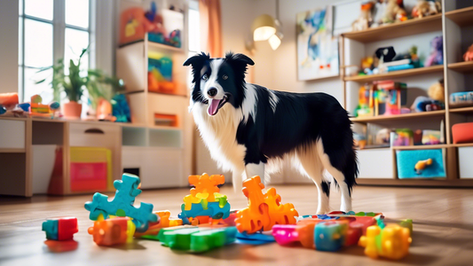 A brightly lit living room with a fluffy, intelligent-looking dog, such as a Border Collie, eagerly interacting with a complex and colorful puzzle toy. The toy features multiple compartments and slide