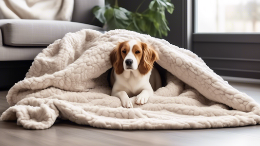Create a cozy and stylish scene featuring a content dog snuggled up in a soft, beautifully designed blanket. The setting should exude warmth and comfort, with the dog looking relaxed and happy. The bl