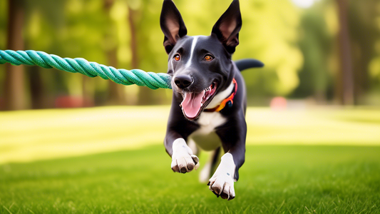 Create an image of a happy dog playing with an incredibly durable and stylish rope toy. The dog should look excited and enthusiastic, tugging on the rope which shows no signs of wear and tear. The bac