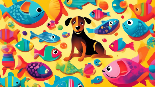 Create an image of a playful dog surrounded by colorful, fish-shaped dog toys in a vibrant, outdoor setting. The dog should be shown happily interacting with the toys, which come in various shapes, si