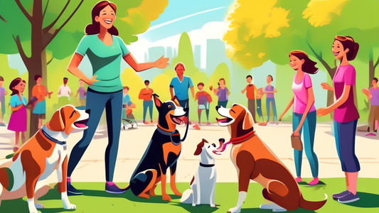 A heartwarming scene in a lively city park with a smiling dog trainer demonstrating commands to a group of eager dogs and their enthusiastic owners. In the background, a colorful sign reads Free Dog T