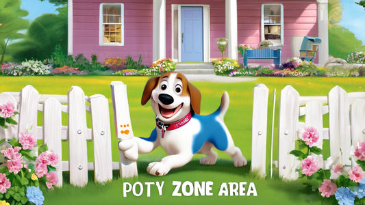An image of a happy dog in a backyard standing beside a designated potty area with a small fence and a sign that reads Potty Zone. The dog is wearing a bright collar and next to a friendly-looking own