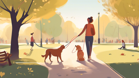A heartwarming illustration of a pet owner and their dog in a sunny park. The dog is wearing a comfortable, well-fitted gentle lead harness and walks calmly beside the owner on a leash. Surrounding th