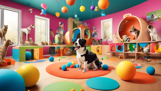 Create an image of a joyful pet playroom filled with various engaging and colorful enrichment toys for different types of pets like dogs, cats, and small animals. Include puzzle feeders, interactive b
