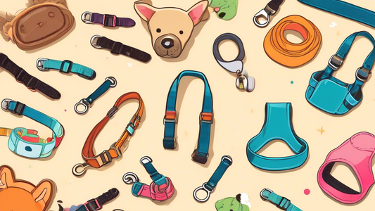 An array of various pet harnesses displayed on a wooden table, with different sizes, colors, and designs. In the background, a happy dog and cat are being fitted with comfortable and stylish harnesses