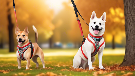 Create an image of a happy dog in a park, showcasing a high-quality, stylish dog harness and leash set. The harness should fit snugly and comfortably on the dog, and the leash should be designed for b
