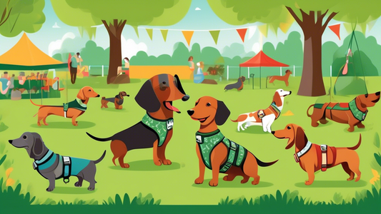 Create a detailed illustration of a happy Dachshund wearing a perfectly fitted harness in a lush green park. Various types of harnesses are displayed on a nearby stand with informational signs discuss
