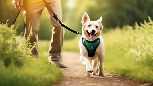 Create a high-resolution image of a happy, energetic dog wearing the Comfort Walk Pro Harness. The harness should look sleek, well-padded, and ergonomically designed to provide the ultimate comfort. T